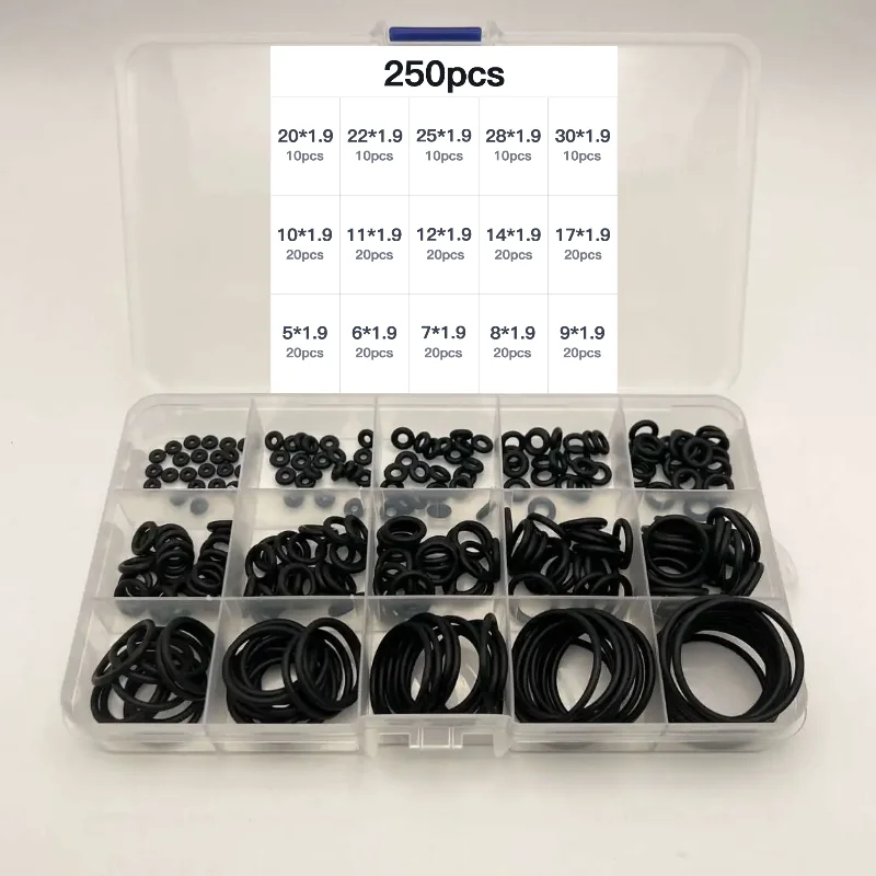 Set mit 1,9 mm Dicke, 250 Stück, schwarzer O-Ring aus Nitrilkautschuk, wasserdichte Dichtungen, 9 mm–30 mm Durchmesser T2521