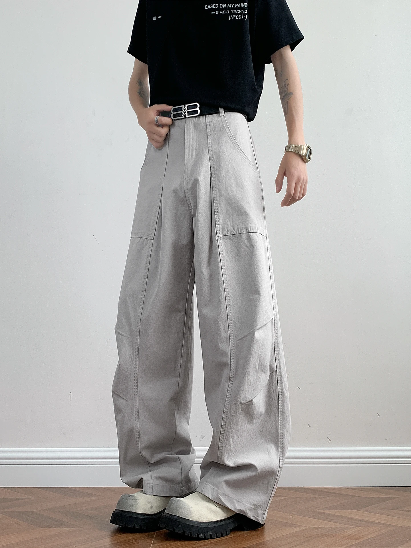 Waed Vintage Men's Casual Pants Loose Drapey Workwear Summer High Street Versatile Pleated Straight Leg Trousers