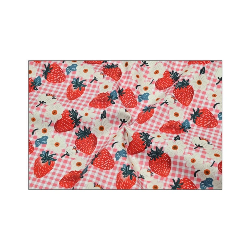 100% Cotton Fabric With Cute Pastoral Wind Plaid Strawberry Print, Handmade DIY Garment Dress Material CR-1965