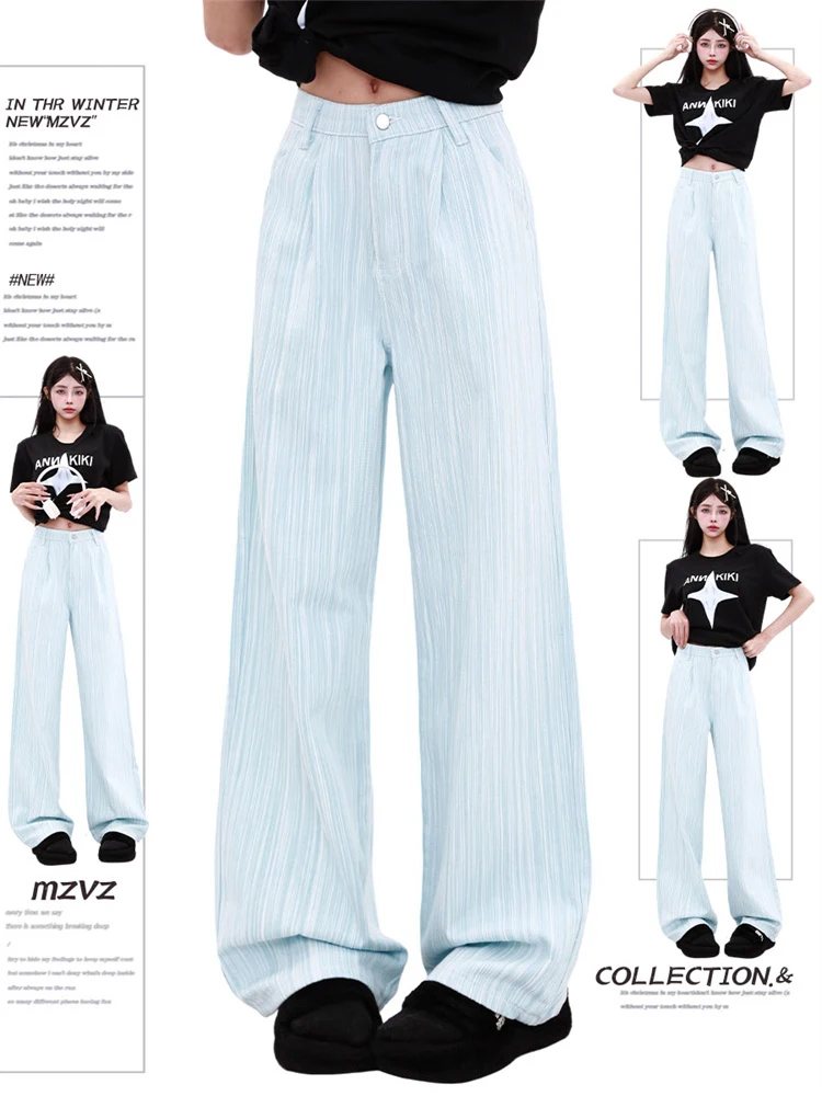 

WCFCX STUDIO Blue Striped Jeans Summer High Waist Wide Leg Denim Pants for Women Korean Fashion Casual Loose Straight Pants