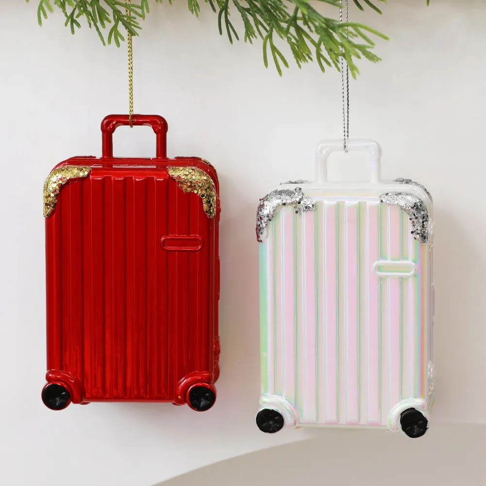 Electroplated PC Mini Suitcase Christmas Ornament, Xmas Tree Hanging Luggage Decor Gold Red White Holiday Pendant Gift