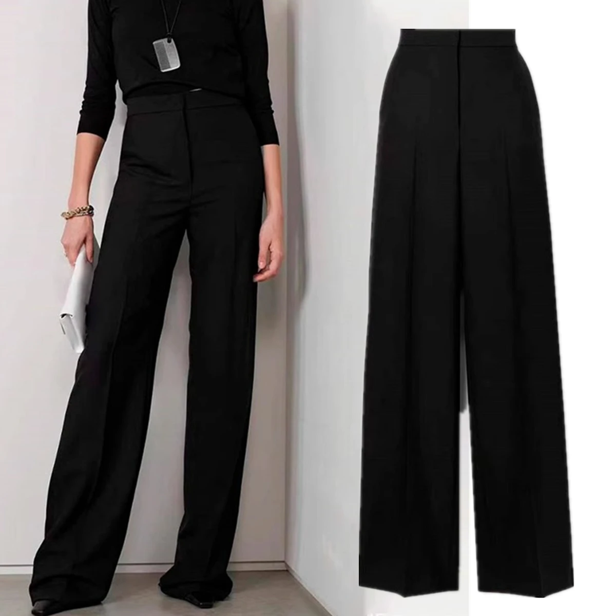 

Maxdutti 2026 Minimalist Woman Clothes Women's Pants High Waisted Wool Straight Leg Pants Women's Trousers Black Wide Leg Pants
