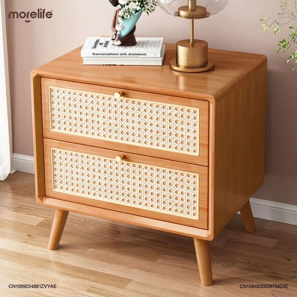 

Walnut/Natural Wood Color Japanese Style Homestay Storage Cabinet Vine Woven Solid Wood Bedside Table Nightstand Furniture F01+