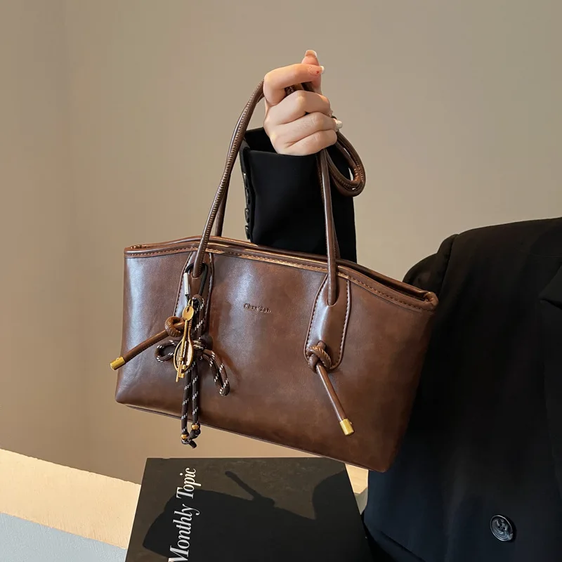 

Винтажные сумки на плечо для женщин, коричневый кошелек, сумка-хобо, кошелек из искусственной кожи с милой подвеской для ежедневного использования