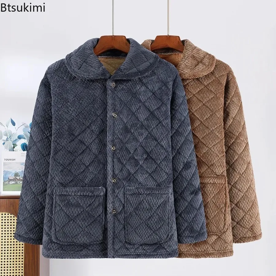 Męski zimowy gruby komplet piżamowy, jednolity kolor, przytulny polar, ciepły strój domowy, bawełniany, ocieplany, dwuczęściowy zestaw do spania i wypoczynku dla mężczyzn.