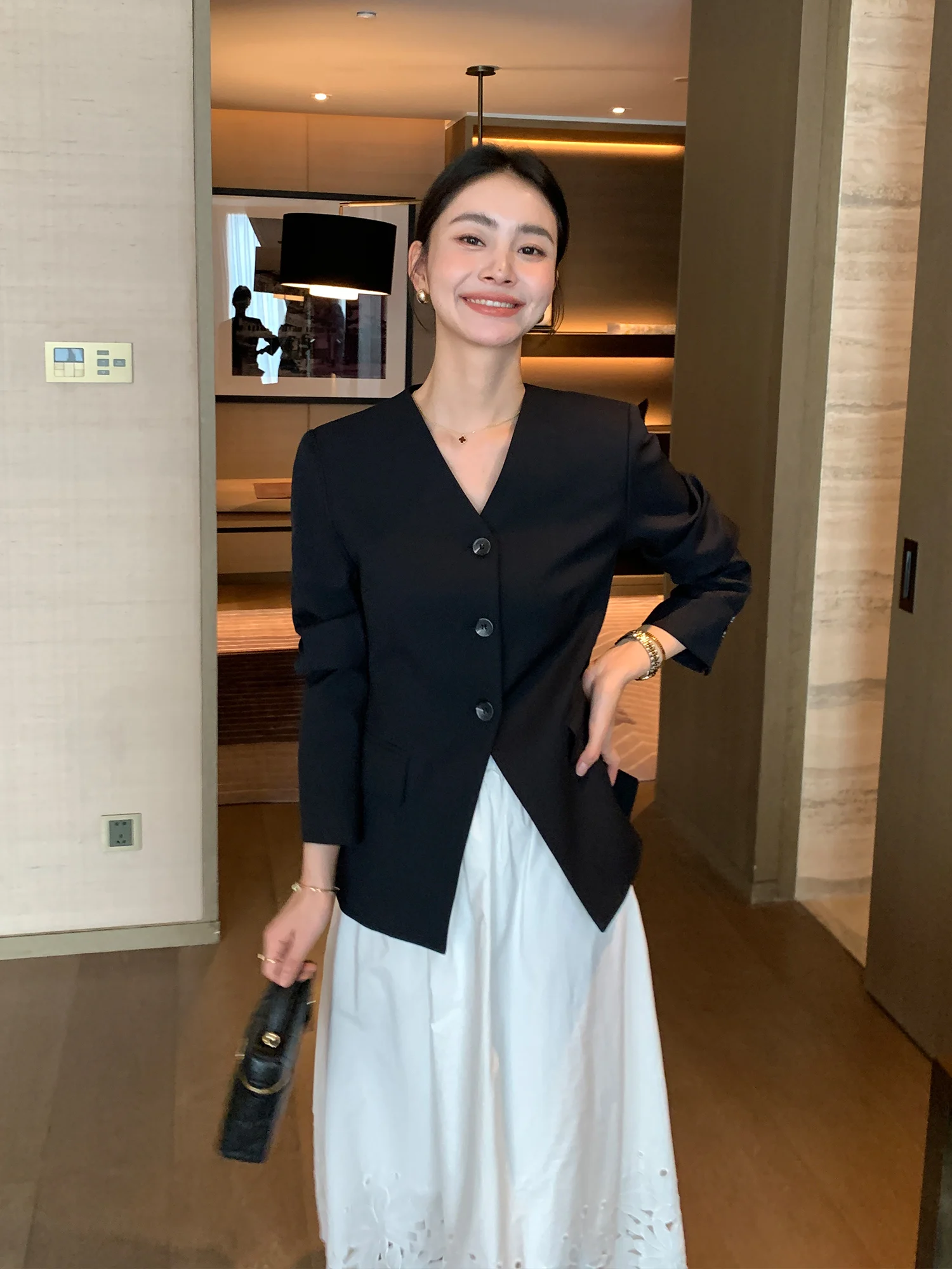 

Maven Lin Women's Tailored Jaet Korean Sle V-Ne Waist-Cinched Long Sve Casual Faion Spring Autumn Blue Color