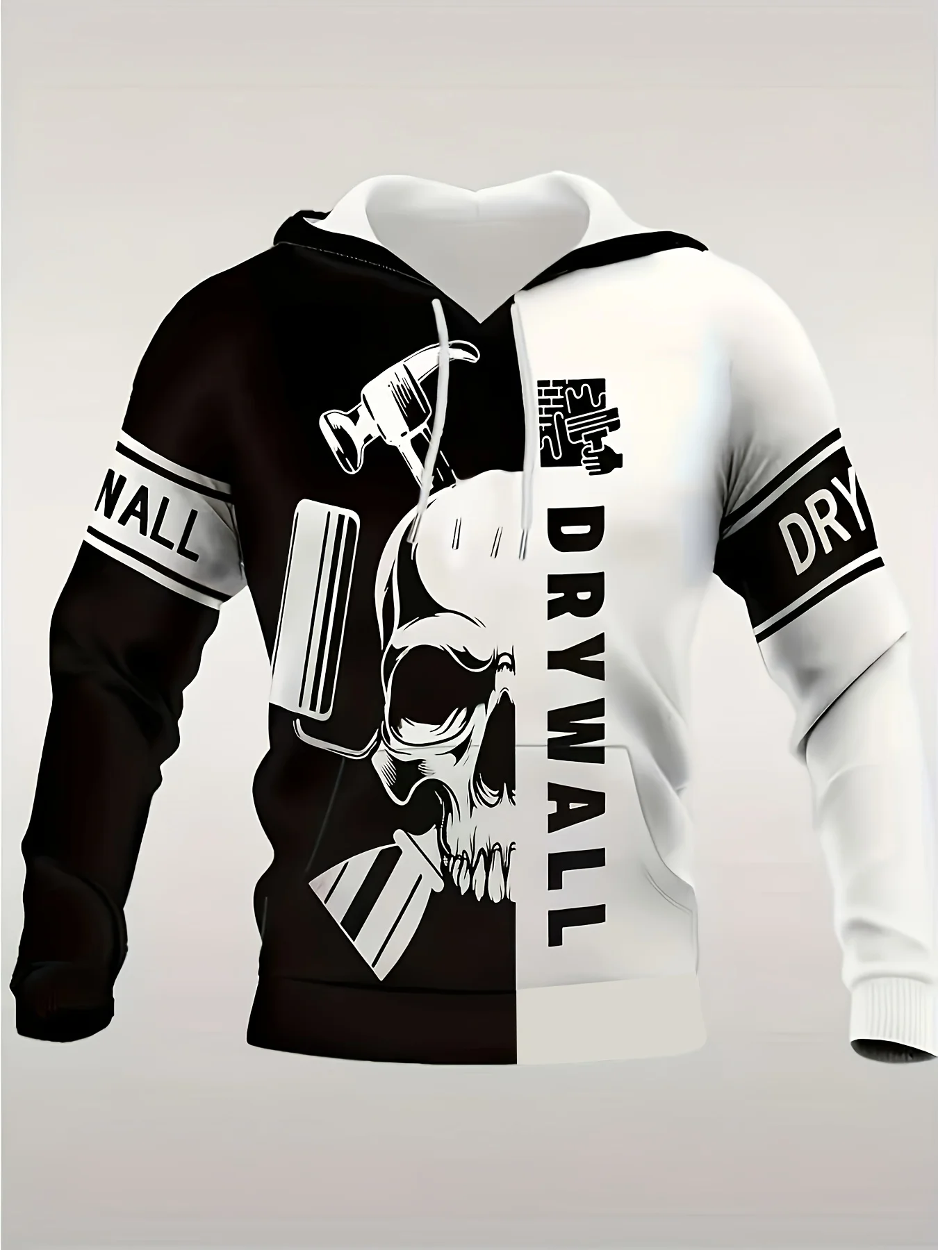 Men Women Drywall Worker Hoodie Black White Skull & Tools Print Casual Pullover Hooded Sweatshirt Hip Hop Sport Streetwear Tops