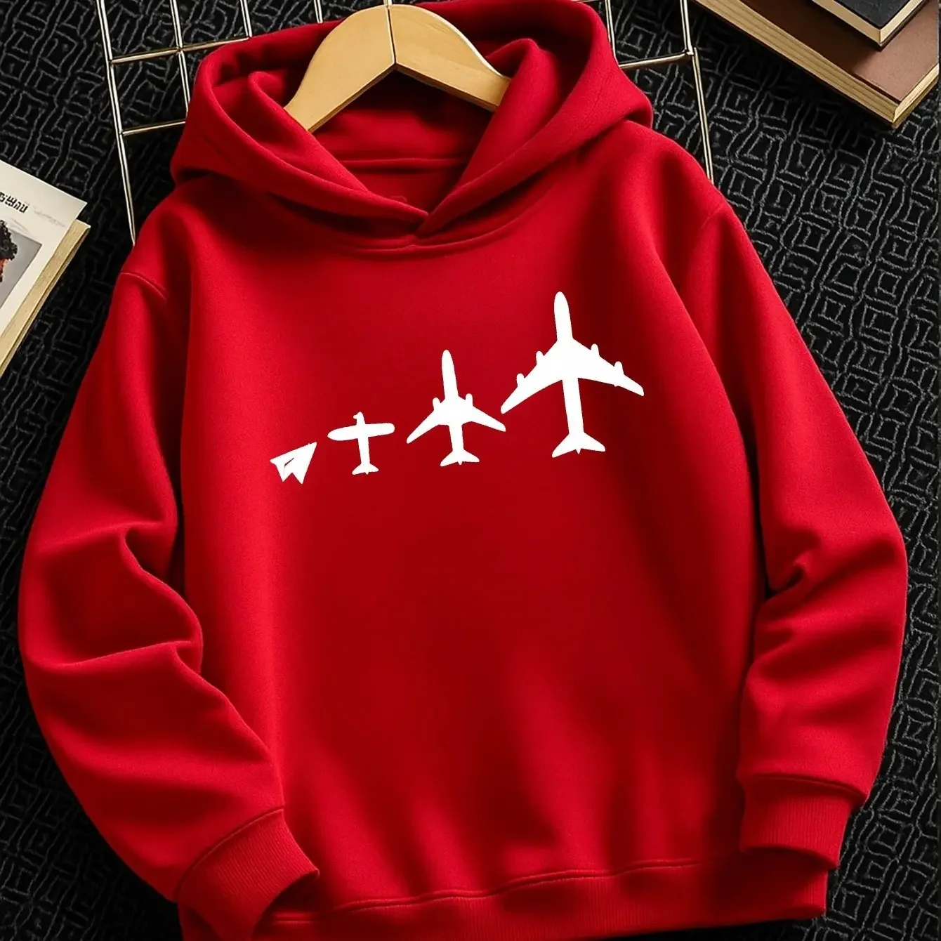 Boys Girls Kids Hoodie Aircraft Printed Sweatshirt Aviation Style Pullover Hooded Top Casual Streetwear Autumn Winter Clothing