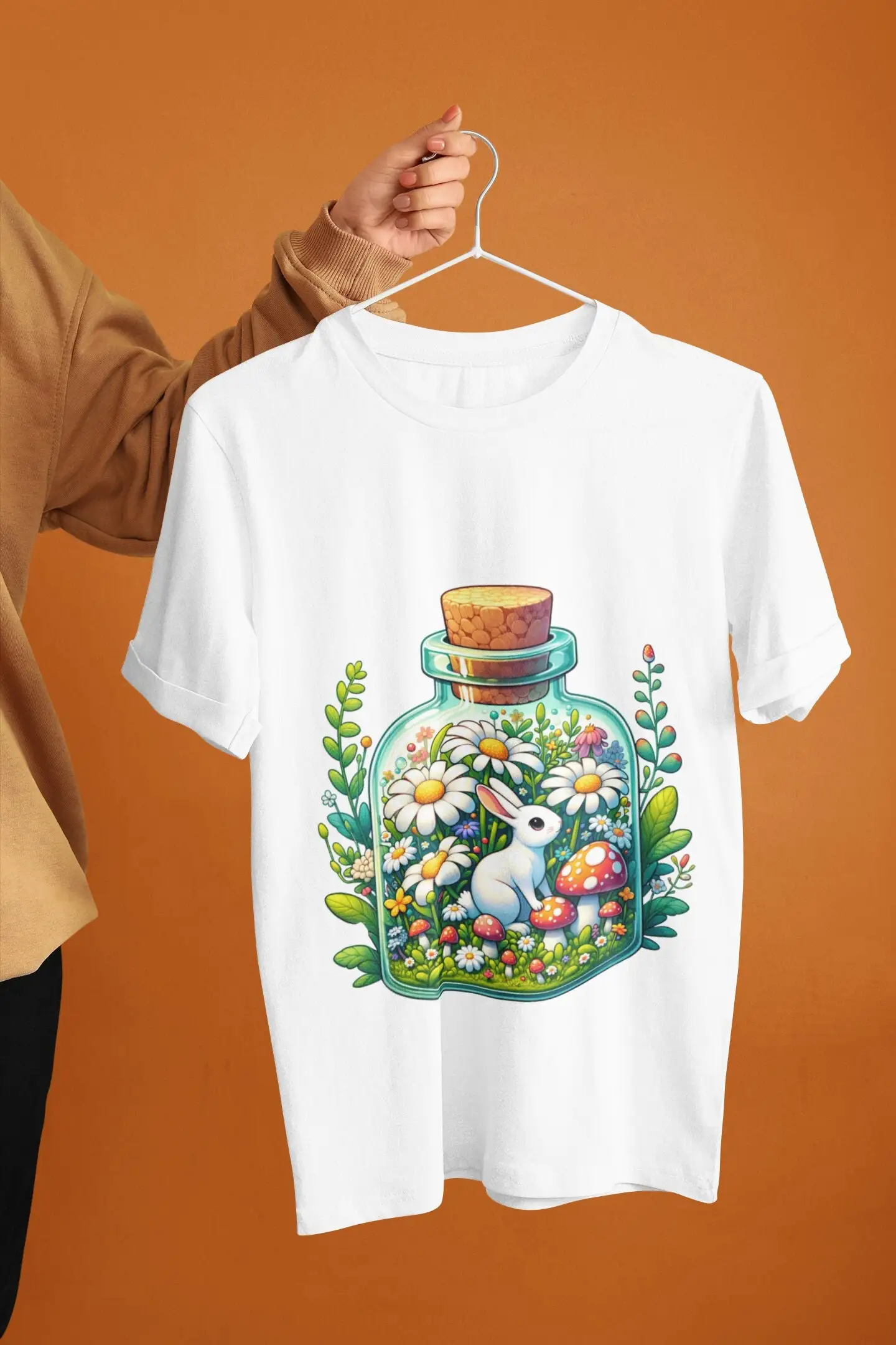 Botanical Bunny Glass Bottle T Shirt Floral Rabbit Top Nature Lover Aesthetic Wildlife Whimsical Spring