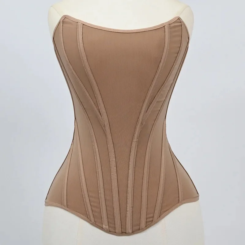 XXS Lightweight Luxury Elegant Long Torso Nude Beige Strapless Mesh Overbust Corset Bustier Top With Zipper Boned Curve Women view 2