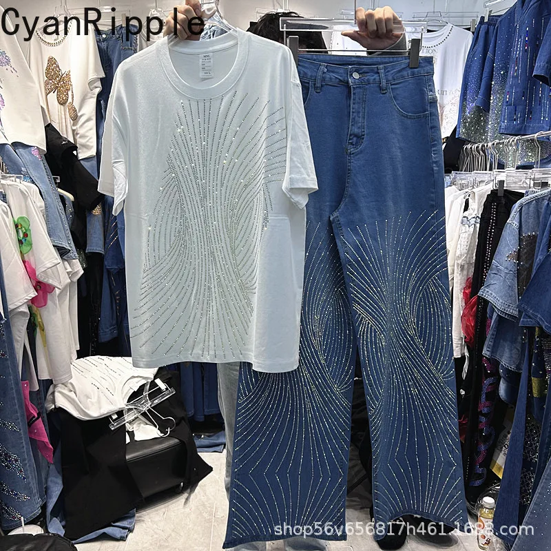 

Trendy Spring Summer Women Two-piece Set Shiny Hot Diamonds White Short Sleeve T-shirt Top + High Waist Blue Straight Jeans
