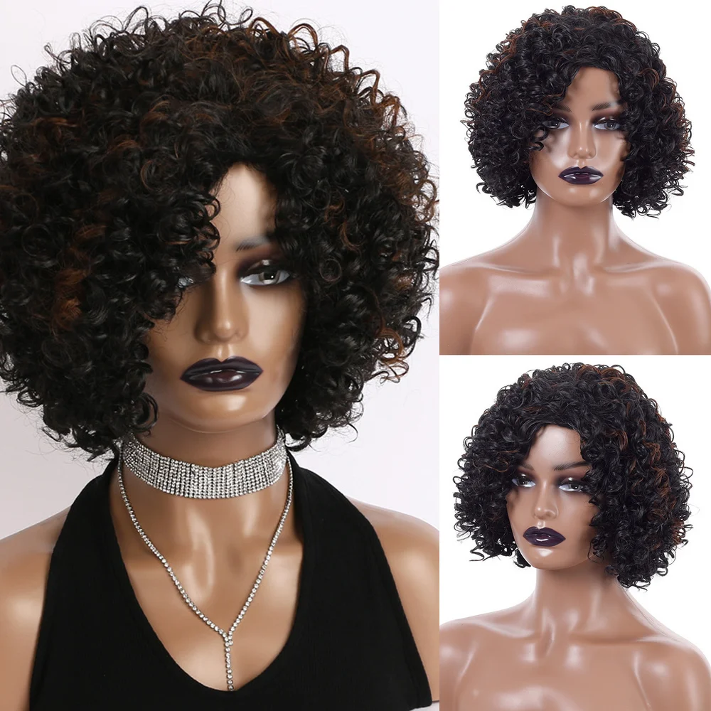 

Short Pixie Bob Cut Synthetic Wigs for Women Jerry Curly Hair Wig with Bangs 12 Inch Highlight Colored Wigs Allure