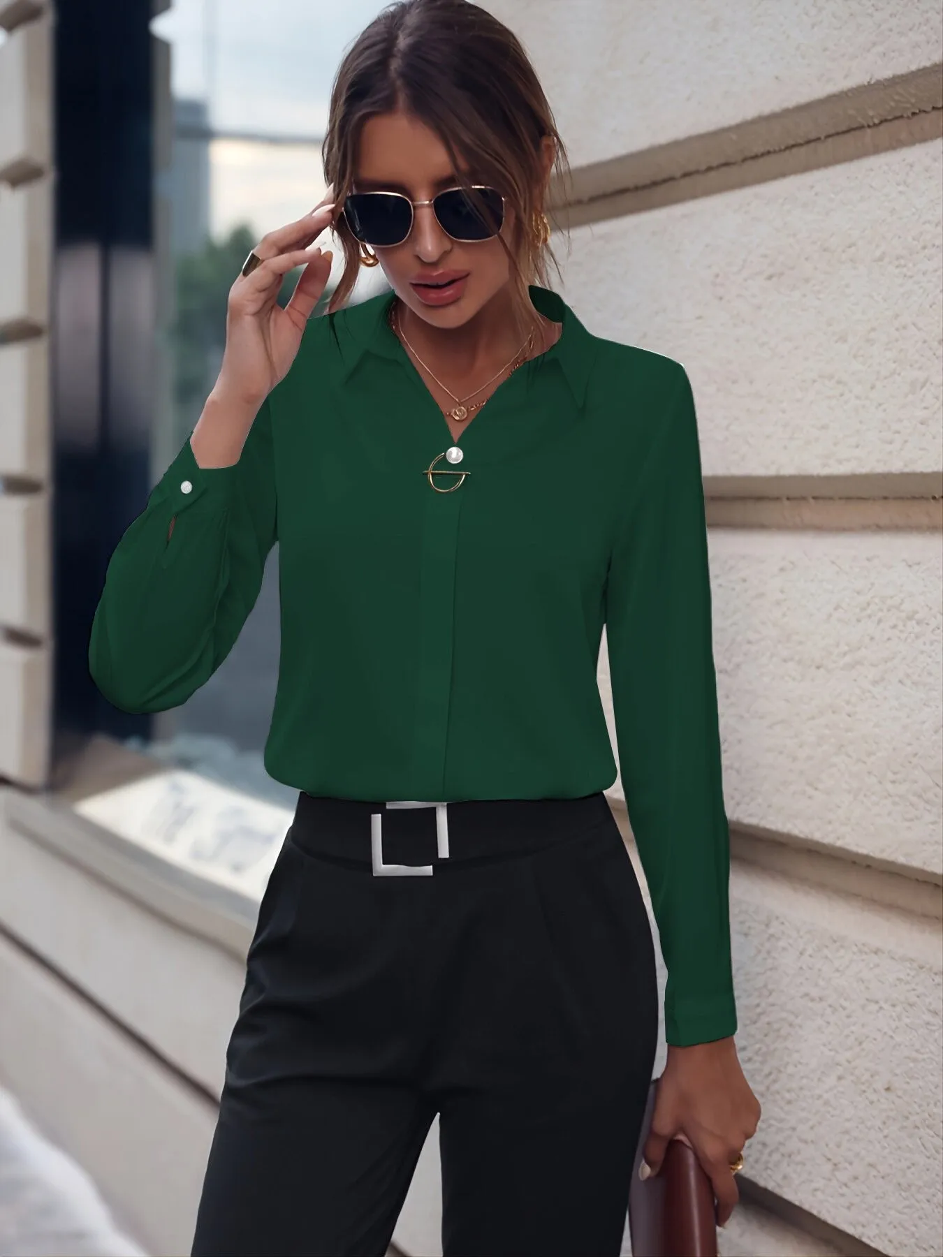 Long Sleeve Applique Shirt with Slim Fit Midi Length Elegant Commuter Women Shirt No Stretch Patchwork Regular Sleeve Pullover