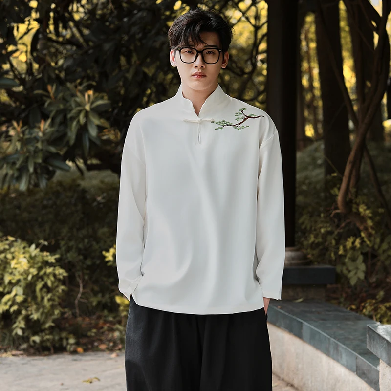 

Новая мужская рубашка-куртка в китайском стиле с длинным рукавом, вышитая, повседневная, модная, осенне-весенняя, в стиле Ханьфу/Тан, верхняя одежда