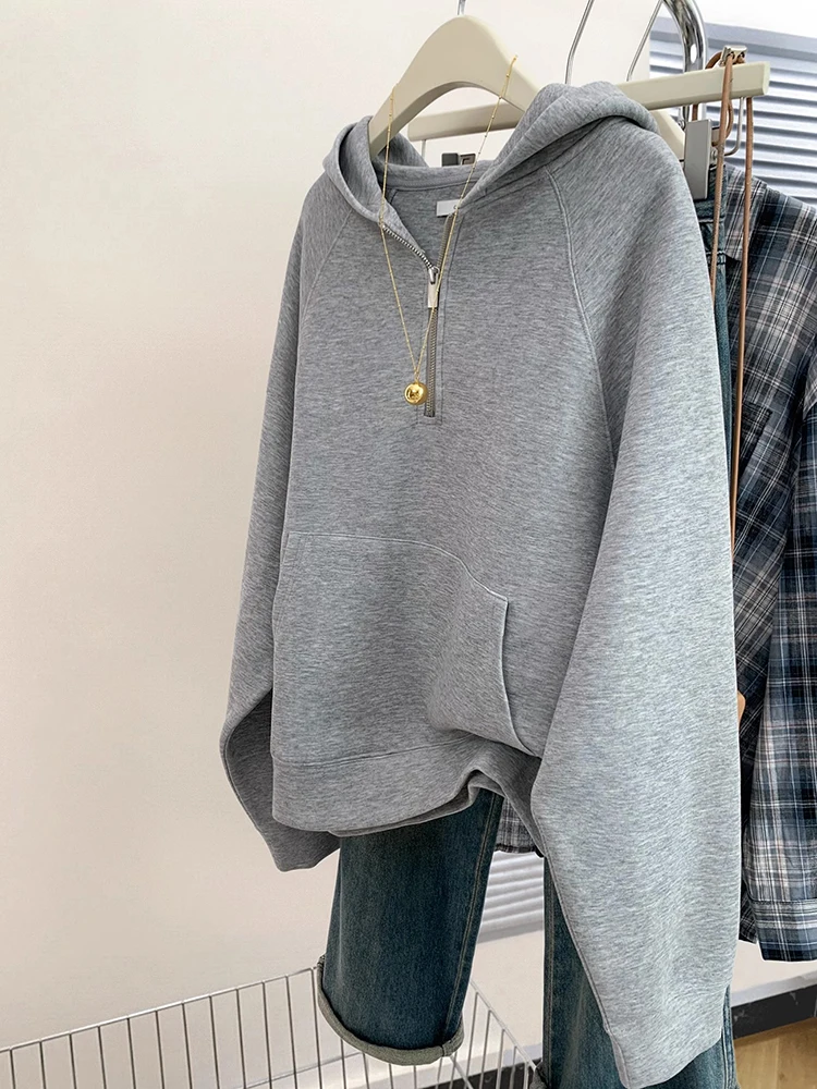 Damskie luźne bluzy z kapturem Pół zamka błyskawicznego Pullover Topy z długim rękawem Harajuku Vintage Lazy Style Solid Color Hoodies