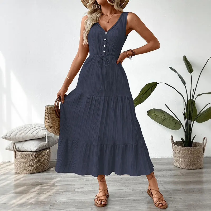 Casual Loose Women's Long Dress Sleeveless Summer A-Line Elegant Vintage Female Midi Dresses Beach Soild Sundress Vestidos