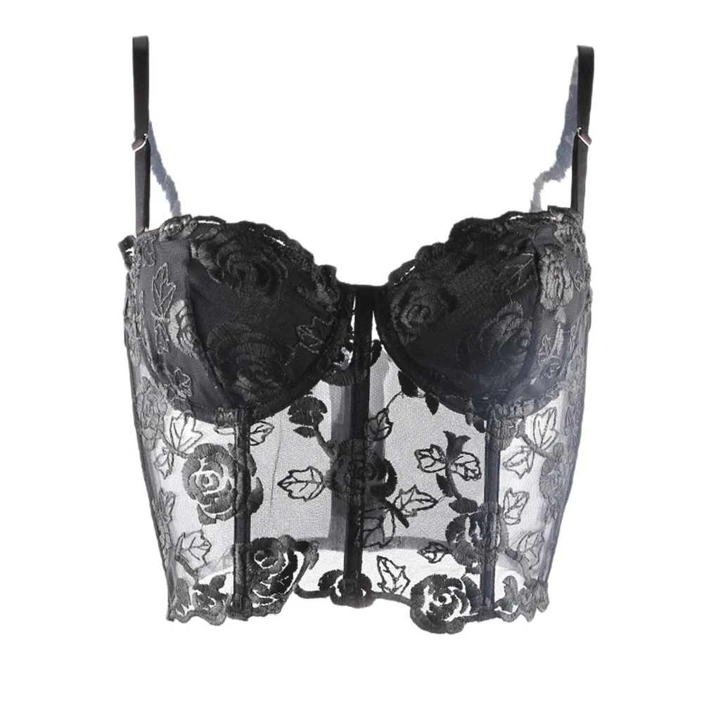 Women Solid Rose Embroidery Tank Top With Steel Rings Fishbone Strapless Corset Vest With Shoulder Straps French Style Sweet Top