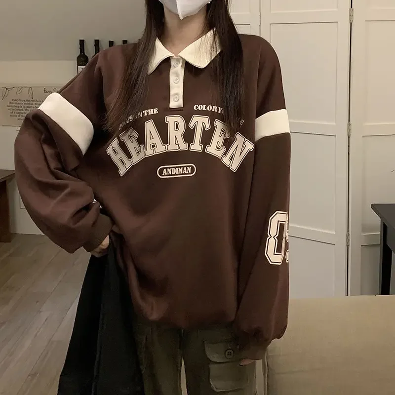 Versione coreana lettera minimalista stile College maglione con collo a Polo a contrasto per donna Ins autunno giacca con risvolto allentato abbigliamento