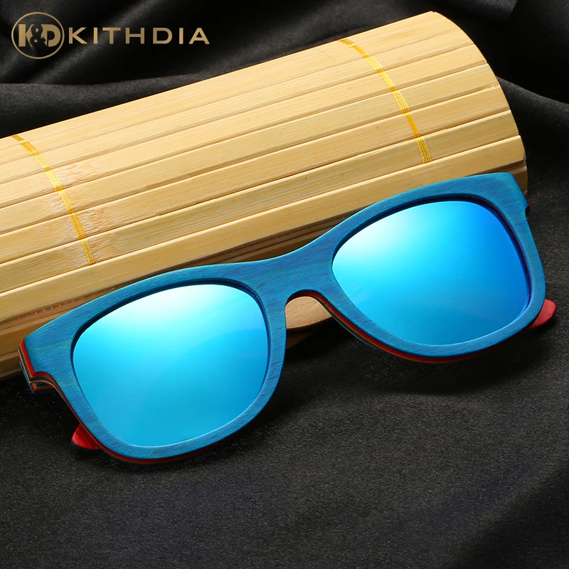 XSW Skateboard Wooden Sunglasses Blue Frame With Coating Mirrored Bamboo Sunglasses UV 400 Protection Lenses in paper Box w033