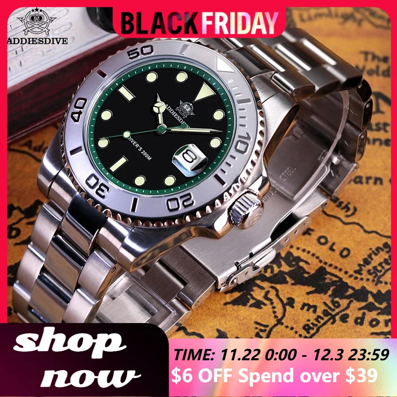 Addiesdive Waterdicht Heren Horloge Classic Bezel Luxe Rvs 200M Duiken Bgw9 Lichtgevende Quartz Horloge Logio Masculino