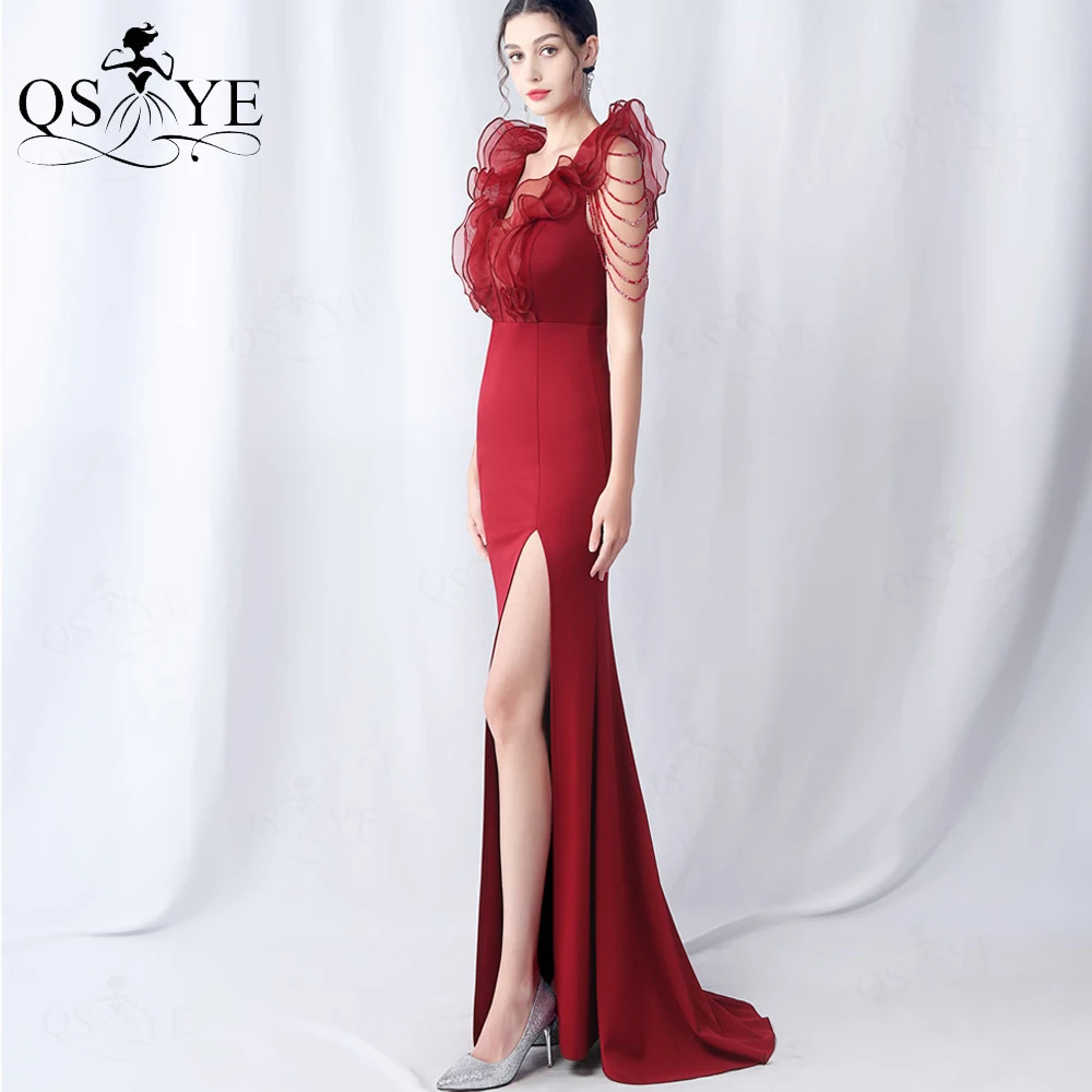 Side Split Dark Red Long Prom Dresses Ruffles Bodice V neck Mermaid Elastic Evening Dress Beading Strings Sleeves Party GownChic