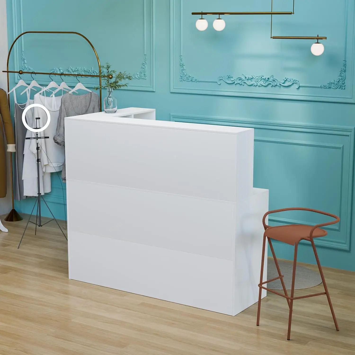 Modern Reception Desk, L-Shaped Front Desk with Moveable Shelves and Lockable Drawers, Retail Checkout Counter Table, for Lobby