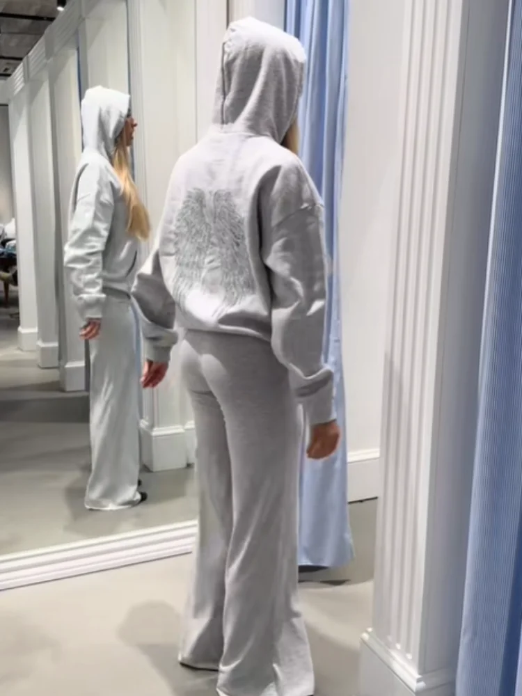 Glamorous Cozy Set Rhinestone Angel Wings Hoodie Pants Casual Women Outfits Spring Female Charming Trendy Ladies Wear