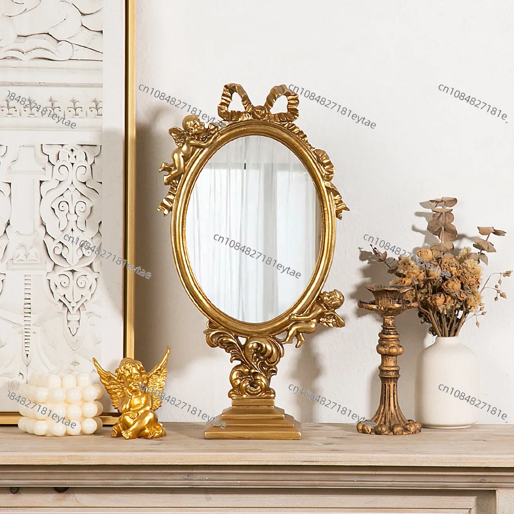 Gold Vintage Resin Angel Cupid Relief Oval Tabletop Vanity Mirror Home Decorative Figurine