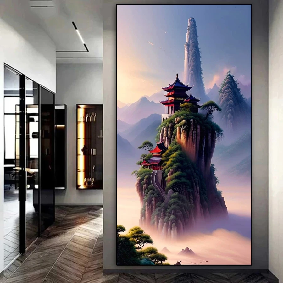 Fullcang Diy Big Size Diamond Painting New 2024 Magical Temple Full Mosaic Embroidery Natural Scenery River Picture Wall Decor