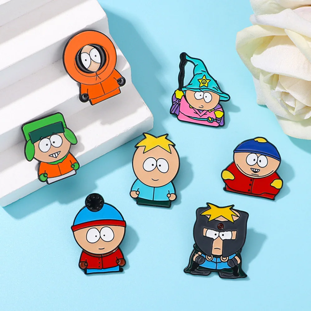 7Pcs South Park Enamel Pins Cartoon Character Brooches for Backpacks, Buttons, Badges, Fashion Jewelry Accessories Gift for Fans