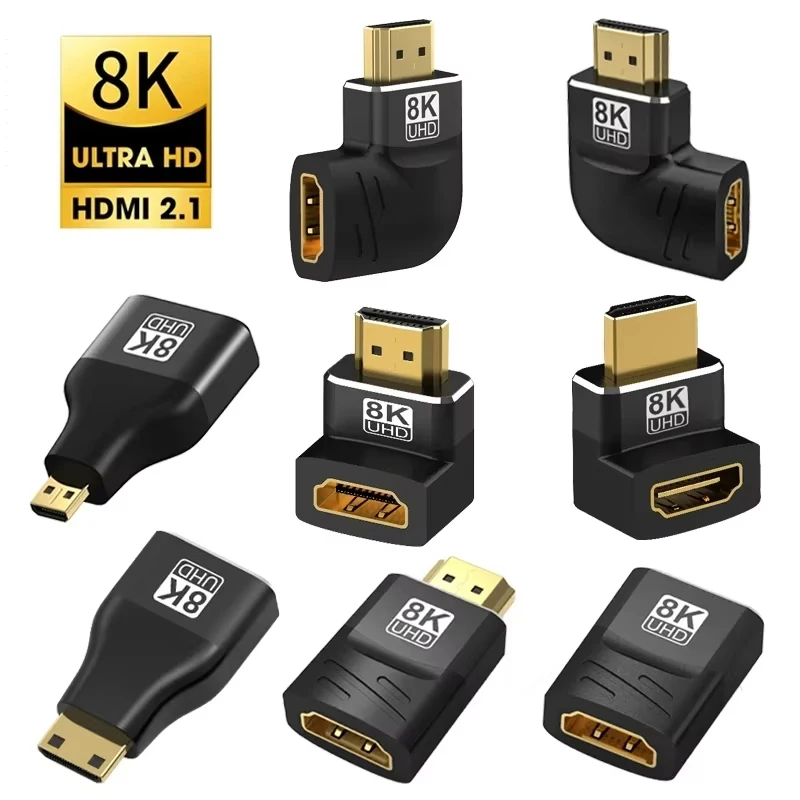 8K HDTV ذكر إلى شاحن أنثي موصل محول HDMI L شكل زاوية 90 270 درجة مطلية بالذهب دعم 8K @ 60 هرتز لأجهزة الكمبيوتر المحمولة
