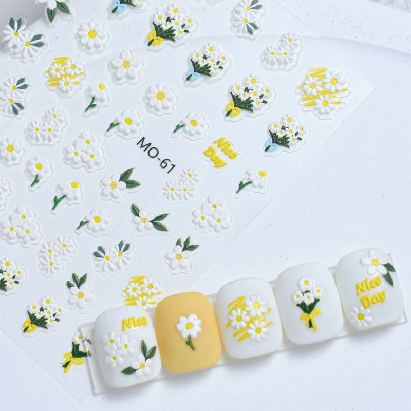 5D geprägte gelbe weiße Gänseblümchenblüten Blumen Nail Art Aufkleber Aufkleber für Nägel Kunst Maniküre Tipps Dekorationen