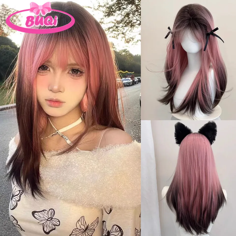 Synthetic wig  Female long hair pink gradient black high-level feeling imitates real human long straight hair full head cover