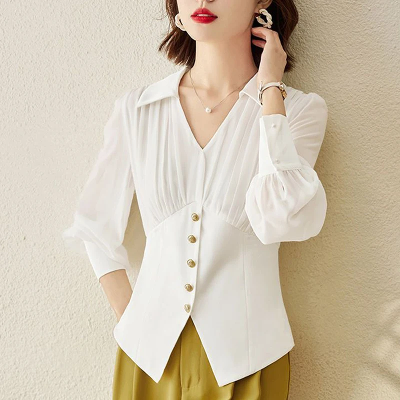 Elegant Chic Ruffled Slim Office Lady Business Casual Shirts 2023 Fashion Black White V Neck Long Sleeve Top Blouse Women Blusas