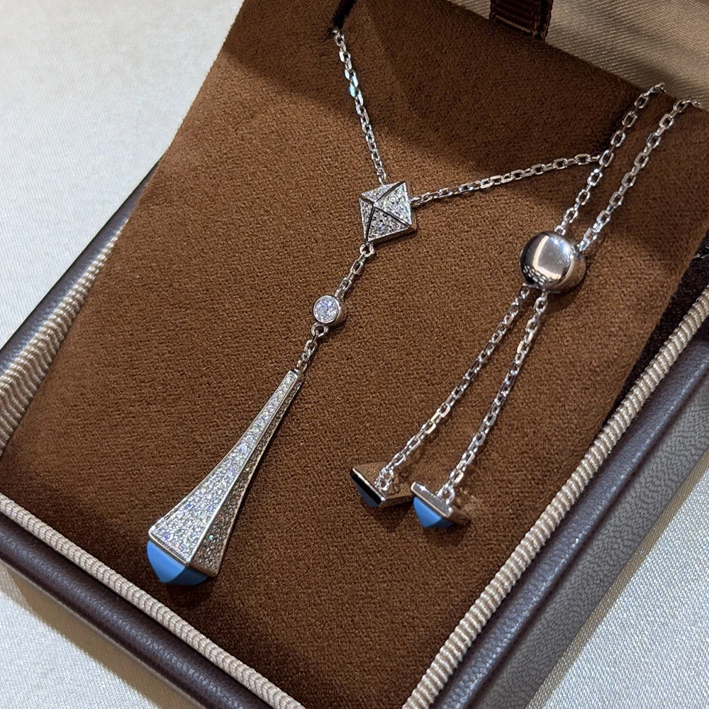Trendy Real 925 Sterling Silver Necklaces For Women Gift Rivets Blue Design 5a Zircon Turquoise Pendant Luxury Fine Jewelry