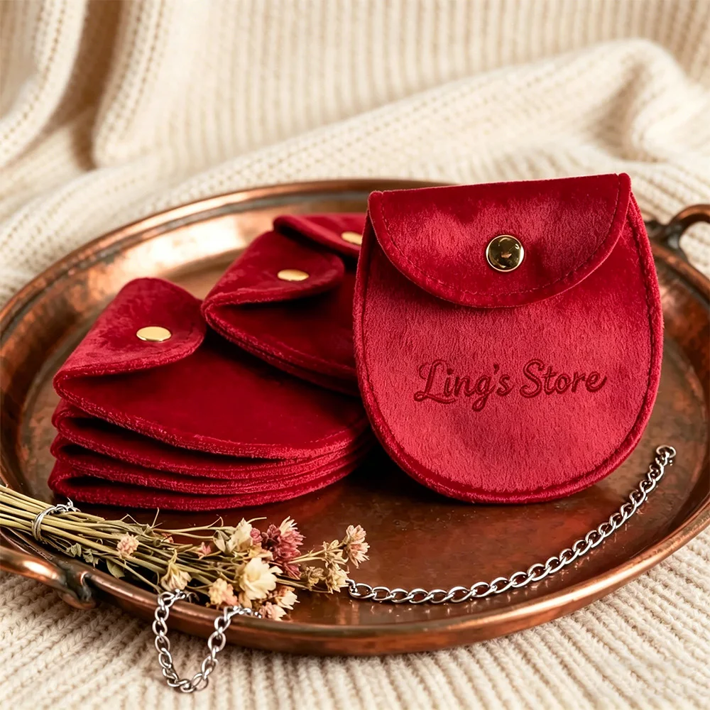 

Custom Logo Christmas Wine Suede Snap Bag Velvet Button Pouch Chic Small Jewelry Pouch Print Name for Ring Earrings Bracelet