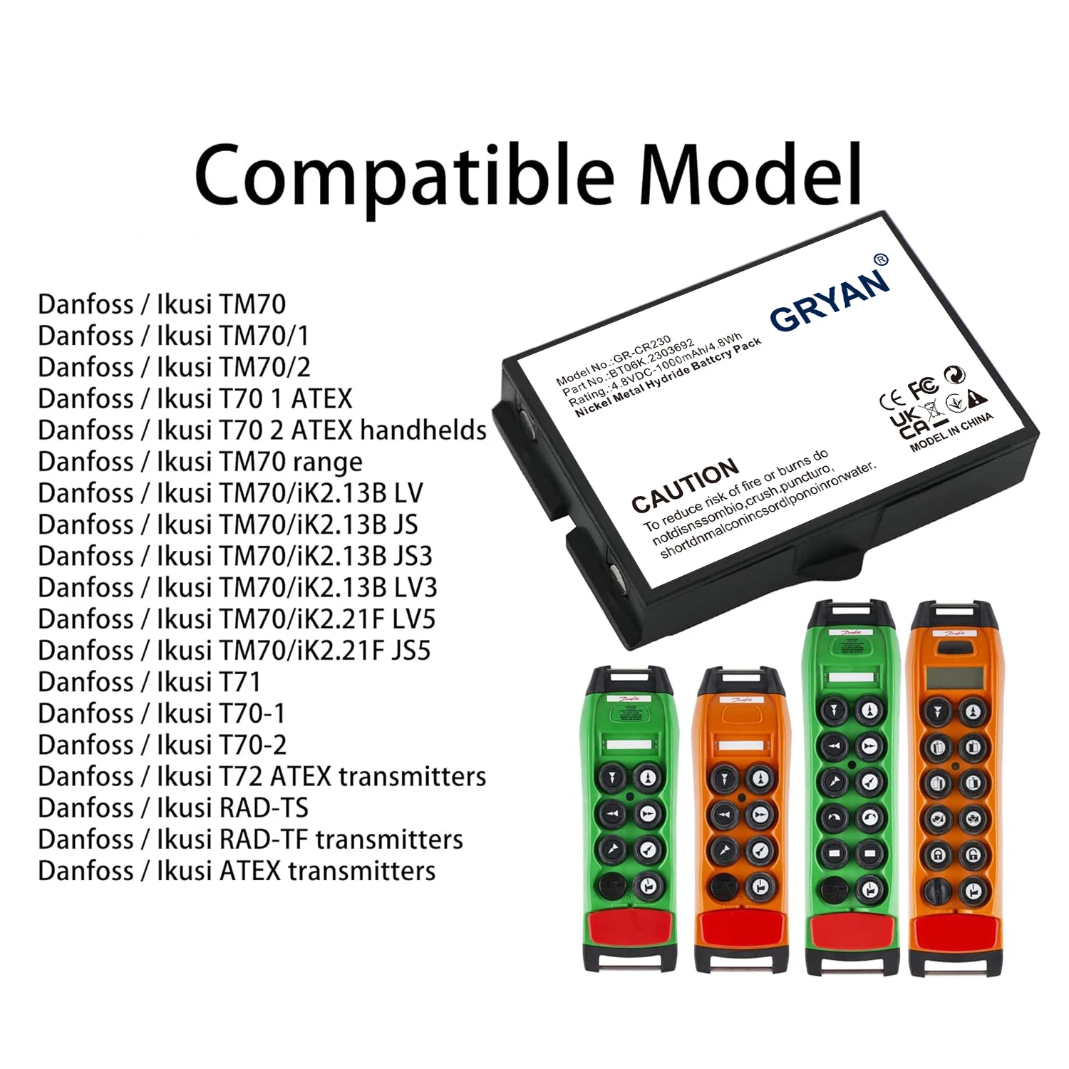 GRYAN 1000mAh Battery For IKUSI 2303692 BT06K RAD-TST70 TM70/1 TM70/2 RAD-TS RAD-TF Transmitters T71 T72 ATEX Transmitters