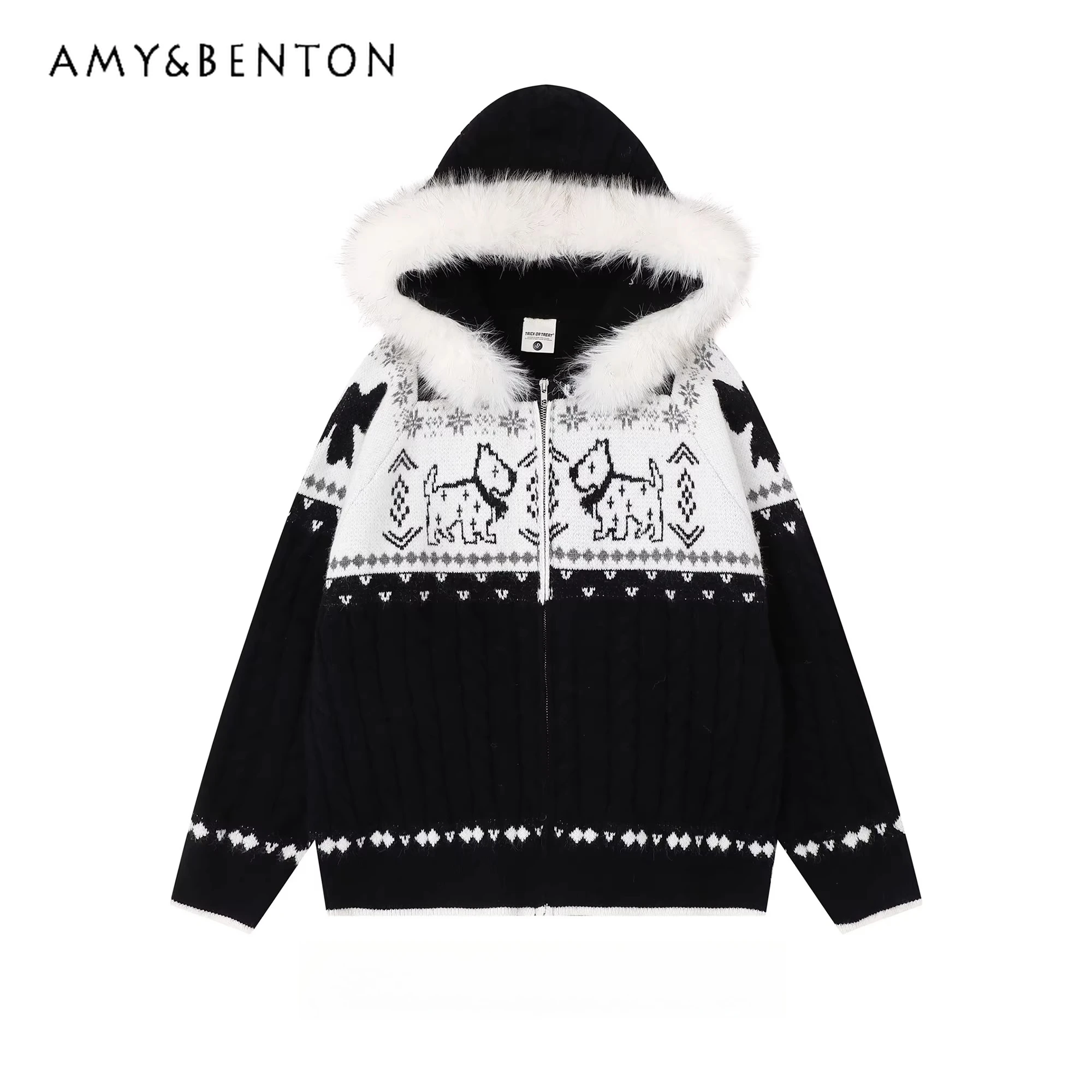 

Новая весенне-осенняя модель: женский свободный вязаный свитер с капюшоном, вышивкой щенка и белым меховым воротником, в студенческом стиле, черный