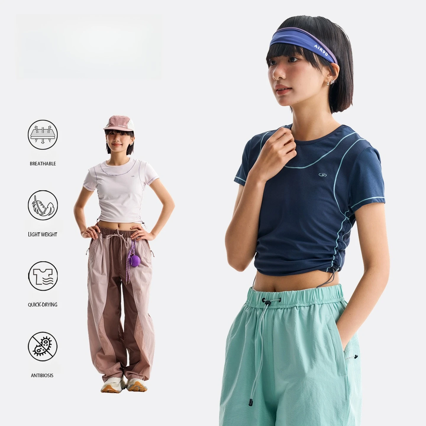 Women'sQuick-Dry Slim Fit Crop Top – Breathable Contrast Stitching Athletic T-Shirt for Gym & Running