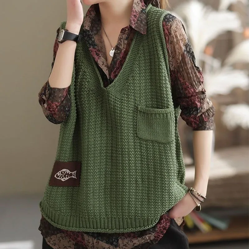 Vintage Mode V-hals Effen Kleur Trui Vest Vrouwen Losse Casual Alle-Match Patchwork Gebreide Jumpers Lente Vrouwelijke Kleding