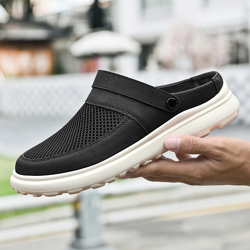 

2025 Summer Mesh Slides Sandals Men Open Back Casual Shoes Mules Leather Backless Loafers Slippers Half Shoes Slip On Flats