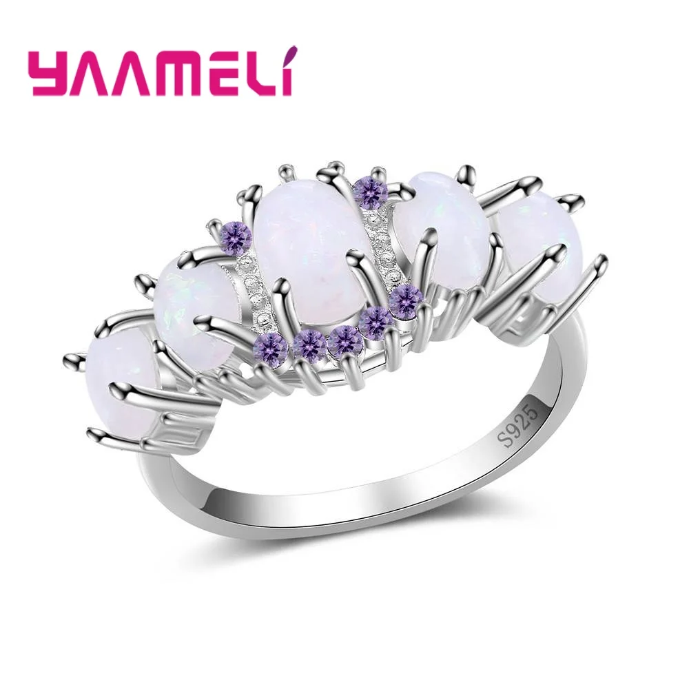 Popular Five Oval Opal With Pretty Purple Flower Jewelry Finger Rings Fine 925 Sterling Silver Color Crystal For Women Girls