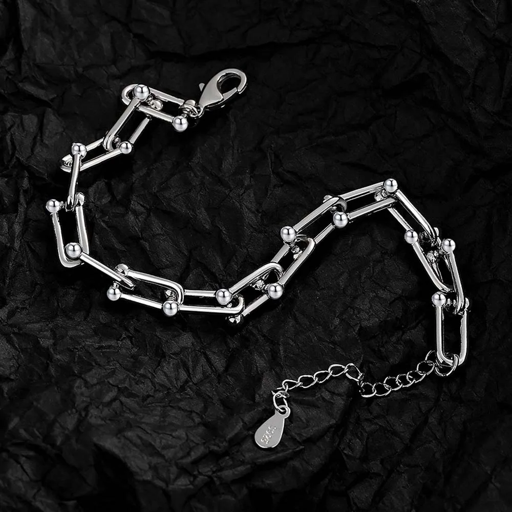 

925 Sterling Silver horseshoe buckle Chain Link Girls Bracelet Hip hop Jewelry Tibetan silver U Clasp Chain Womens Bracelet