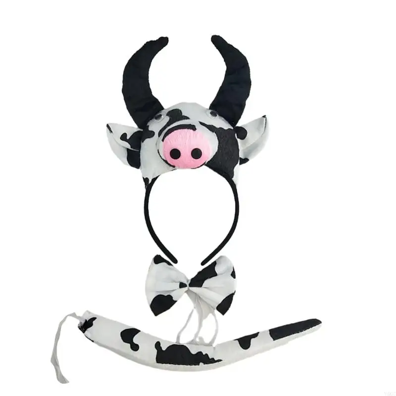 Y5GC Cow -hoofdband Bowtie en Tail Halloween -kostuumaccessoireset, één voor kinderen en kostuums voor volwassenen zich