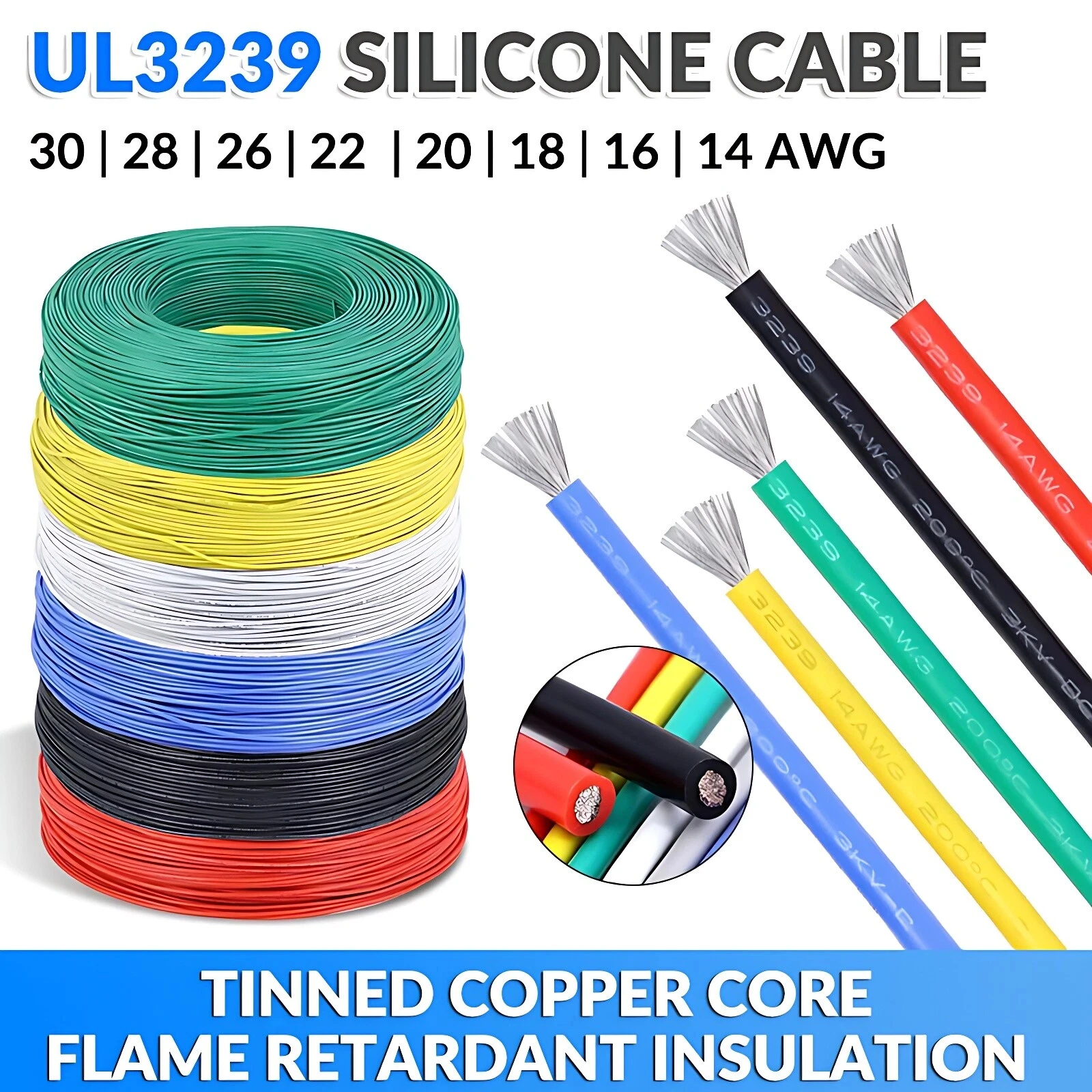 5/10Meter 14/16/18/20/22/24/26/28/30AWG UL3239 Silicone Cable Flexible Wire Various Colors Tin Copper