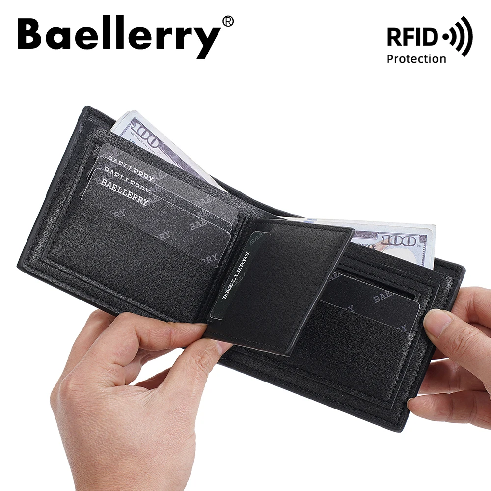 محفظة Baellerry للرجال RFID قصيرة ثنائية الطي، حامل بطاقات جلدي ممتاز مضاد للتشطيط مع جيب للعملات المعدنية بسحاب، آمن M
