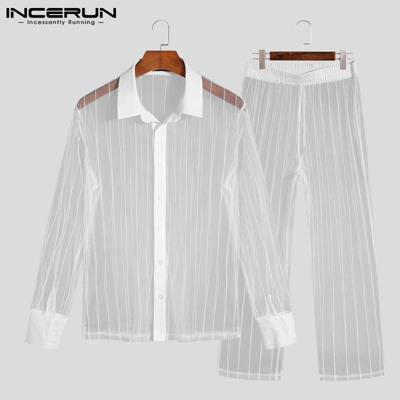 Sexy Party Shows Wear Two-piece Sets INCERUN 2024 Leisure New Men Sets Long Sleeve Shirts Long Pants Breathable Mesh Suits S-5XL