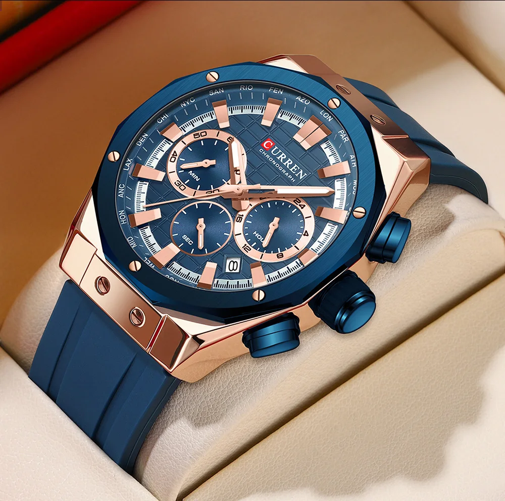 CURREN Luxusmarke Hochwertige Chronograph-Leuchtuhren für Herren mit Silikonarmband, Lässige Sportliche Wasserdichte Quarz-Armbanduhr – Detail 3