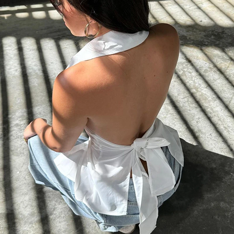 Darlingaga Fashion Backless White Blouse Top Sexy Solid Tie-Up Bow Design Chic Halter Neck Shirts Sleeveless Streetwear Outfits