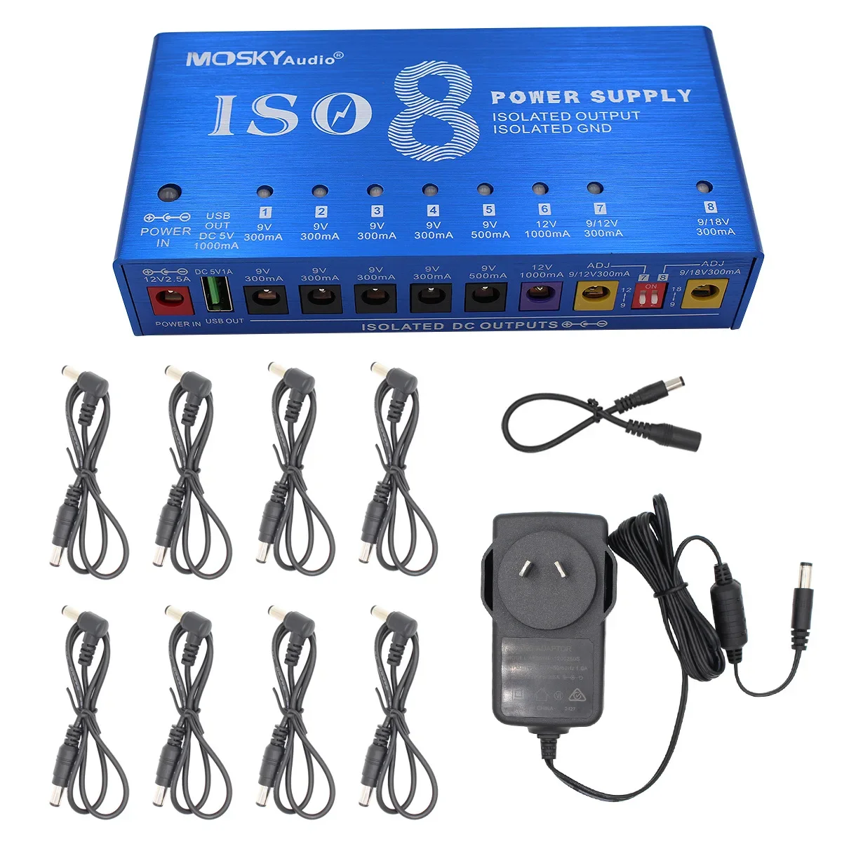 Mosky ISO-8 Guitar Effect Pedal Power Supply 8 Isolated DC Outputs/5V USB Output for 9V 12V 18V Guitar Pedal